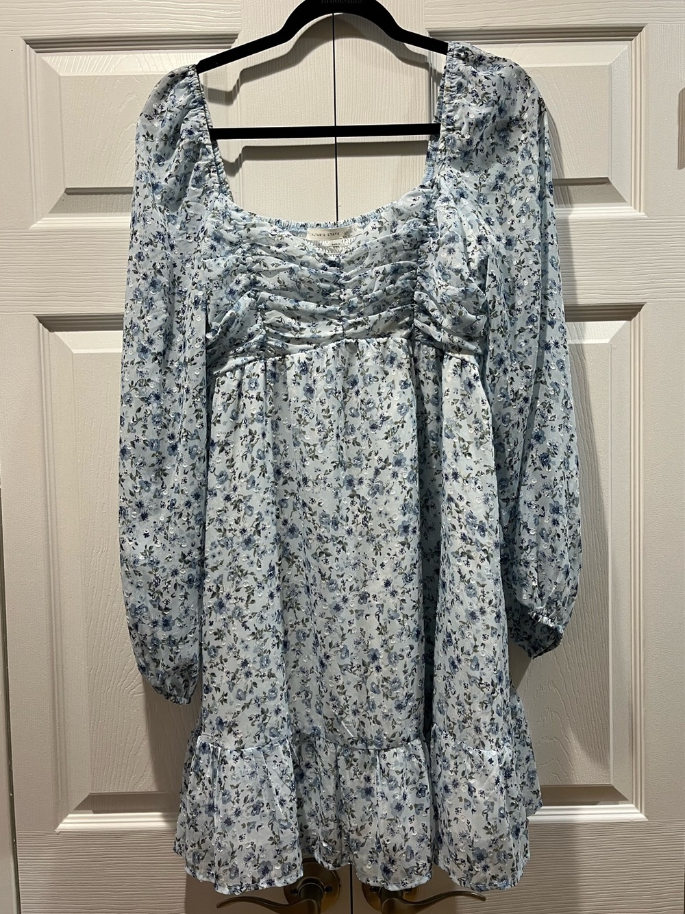 Altar’d State Blue Floral Ruched Babydoll Mini Dress Size Large